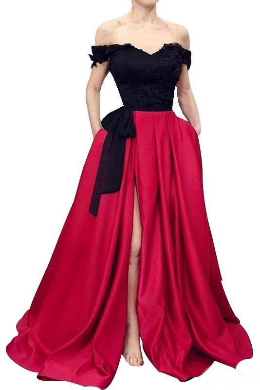 Red Off the Shoulder Satin Black Appliques V Neck Prom Dresses with Split Pockets WK646