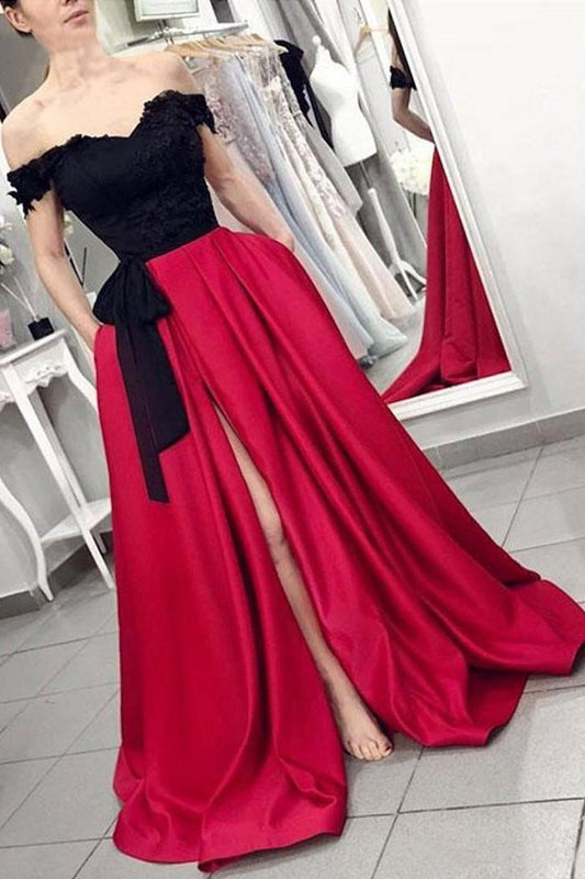 Red Off the Shoulder Satin Black Appliques V Neck Prom Dresses with Split Pockets WK646