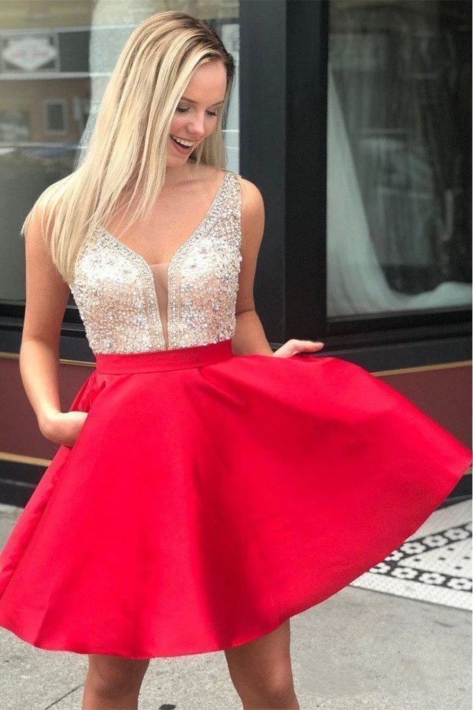 Red Satin V Neck Homecoming Dresses with Pockets Beads Above Knee Short Prom Dresses H1108