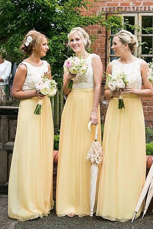 Elegant A-Line Princess Yellow High Neck Sleeveless Chiffon Prom Bridesmaid Dresses WK510