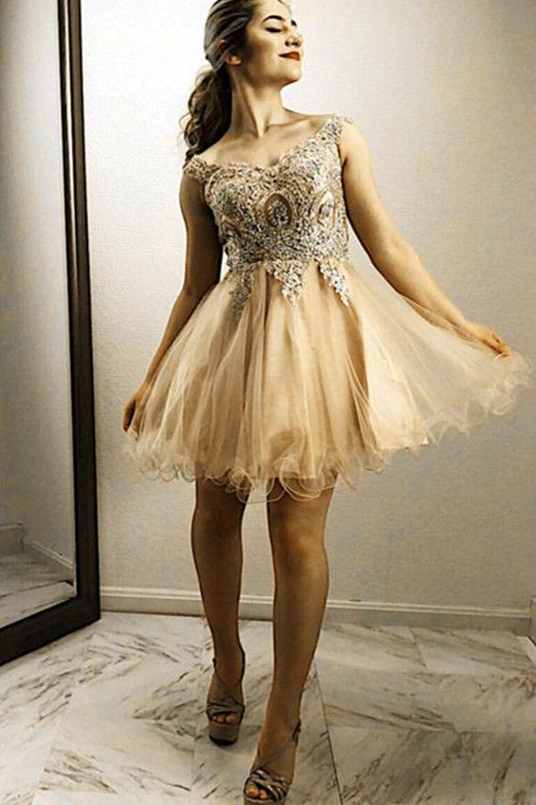 A Line Gold Lace Embroidery Organza Ruffles Off Shoulder Beads Homecoming Dresses WK761