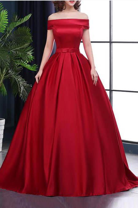Chic A-Line Off-the-Shoulder Satin Simple Red Sleeveless Lace up Long Prom Dresses WK182