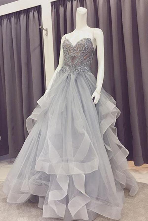 A Line Sweetheart Beads Organza Gray Lace Appliques Strapless Cheap Prom Dresses WK818