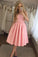 Charming Lace A-line Cute Satin Pink Tea Length Appliques Homecoming Dresses WK861
