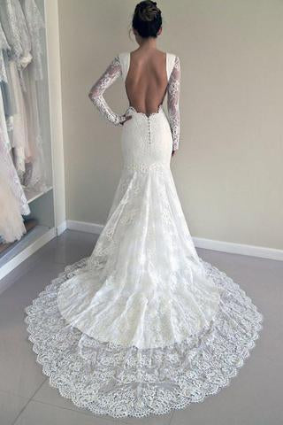 Long Sleeves Open Back Lace Appliques Scoop Mermaid Long Beach Wedding Dresses WK844
