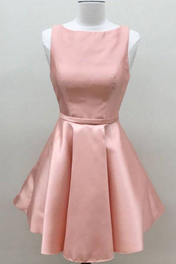 Simple A Line Pink Satin Scoop Cheap Short Prom Dresses Homecoming Dresses WK883