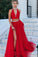 A Line Red Two Pieces V Neck Beads High Neck Slit Tulle Long Prom Dresses WK57