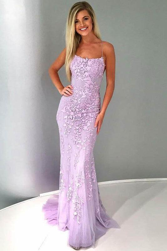 Sexy Mermaid Spaghetti Straps Lilac Tulle Lace Prom Evening Dresses with Appliques WK73