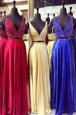 Luxury chiffon sequins V-neck two pieces prom dress evening dress WK810