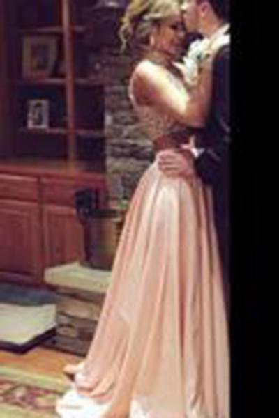 Two Pieces Pearl Pink High Neckline Slit Side Long Formal Gown Sexy Evening Dresses WK165
