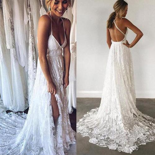 Charming Lace Long A-line Spaghetti Straps Ivory V-Neck Beach Wedding Dress WK416