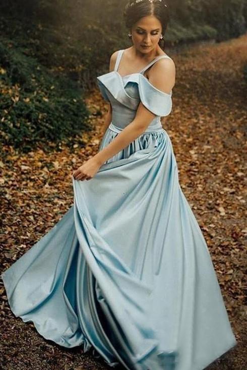 Satin Light Blue Prom Gowns with Folded Neckline Sweetheart Long Prom Dresses WK485