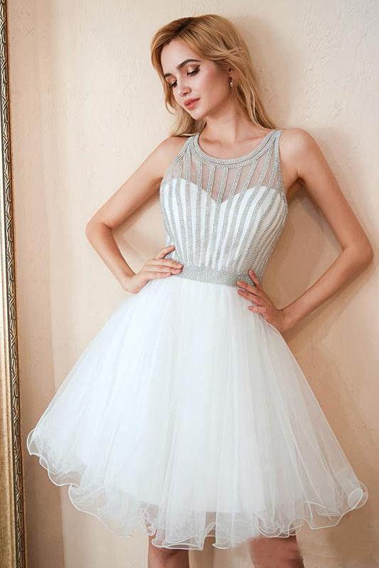 Scoop A Line White Homecoming Dresses Sequins Above Knee Tulle Short Prom Dresses H1100