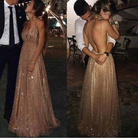 Sexy A-line Spaghetti Straps Deep V-neck Sexy Backless Sequins Prom Party Dresses WK783