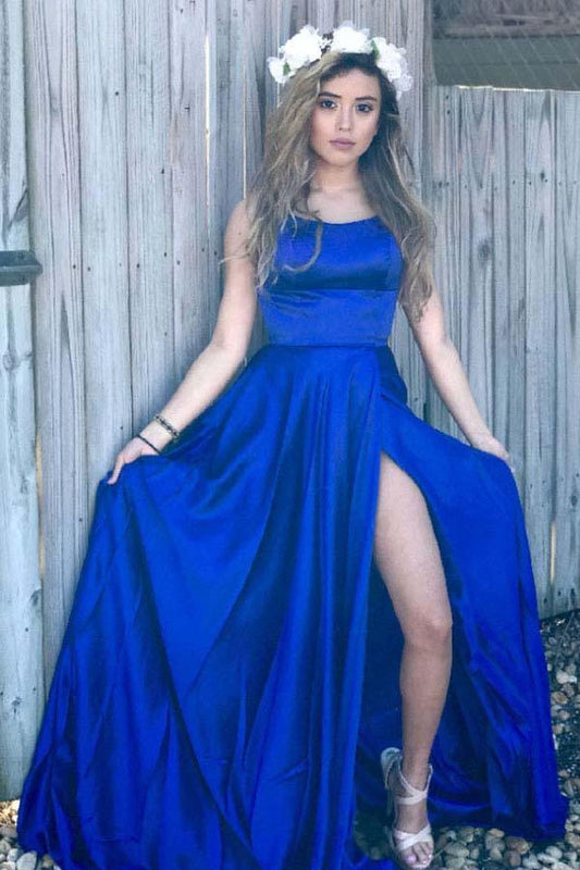 Sexy A line Blue Prom Dresses with High Slit Criss Cross Sleeveless Evening Dresses WK732