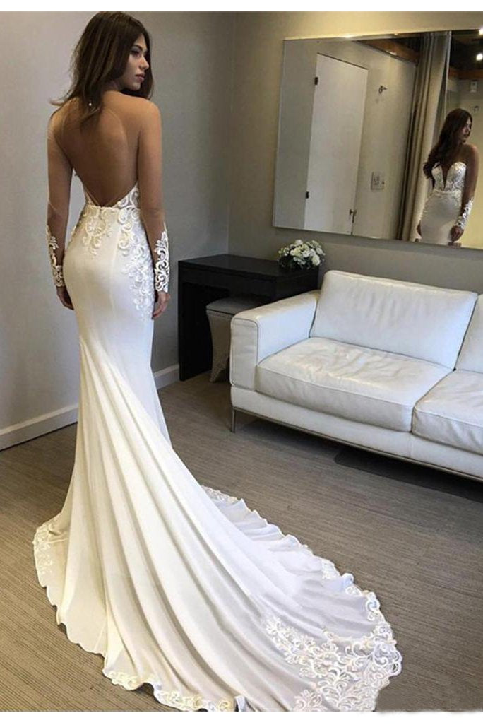 Sexy Berta Mermaid V Neck Wedding Dress Long Sleeves Open Back Wedding Gowns W1088