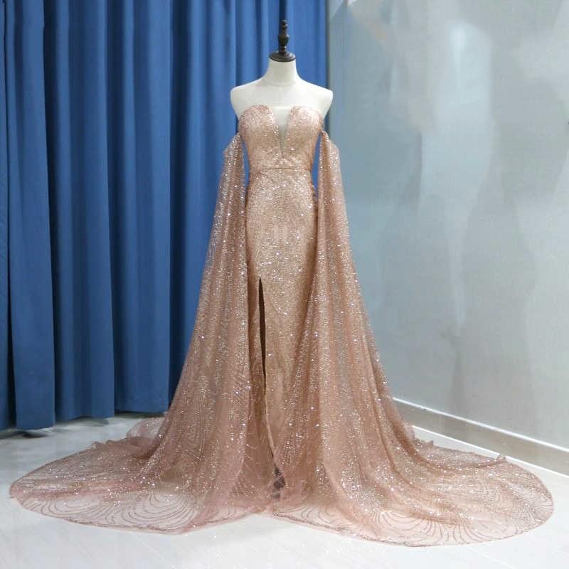 Sexy Long Sleeve Gold Split Sequins Off the Shoulder Prom Evening Dresses WK756