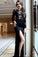 Sexy Mermaid Black Long Sleeve High Slit Prom Dresses Lace Satin Party Dresses WK357