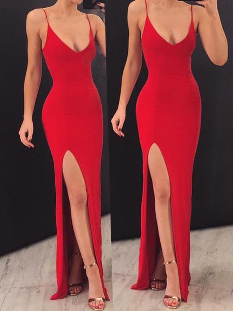Sexy Mermaid Spaghetti Straps V Neck Red Side Slit Satin Long Prom Dresses WK574
