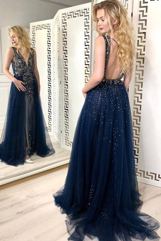 Sexy Navy Blue Tulle Sequins V Neck Prom Dresses Long Backless Formal Prom Dress WK799