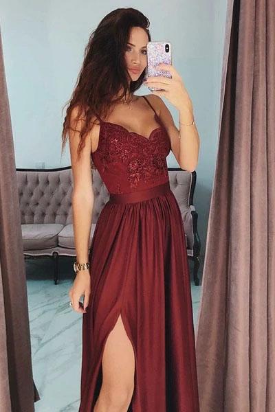 Sexy Slit Burgundy Spaghetti Straps Sweetheart Prom Dresses Long Prom Party Dresses WK620