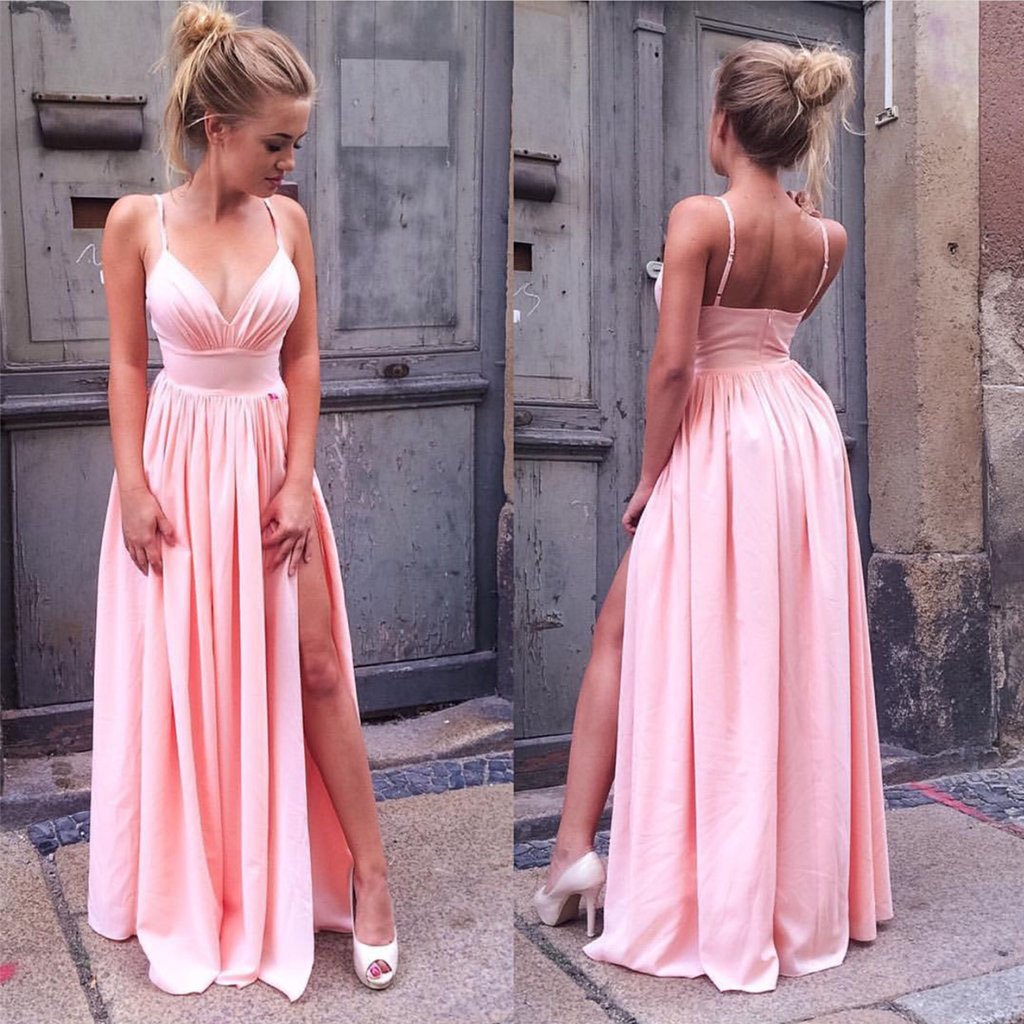 Sexy V Neck Prom Dresses Pink Spaghetti Straps Ruffles Floor Length Party Dresses with Slit P1047