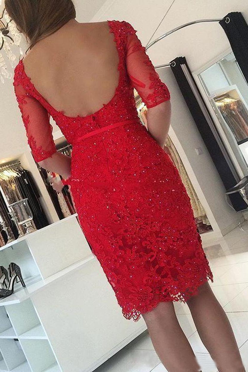Sheath Pink Lace Appliques Beads Homecoming Dresses with Half Sleeve Prom Dresses WK833