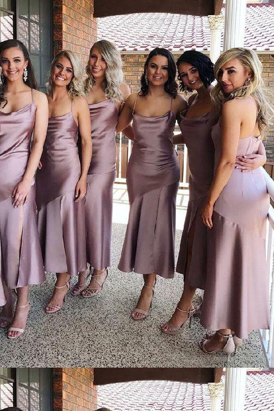 Sheath Spaghetti Straps Tea Length Lilac Bridesmaid Dress With Split Prom Dresses WK919