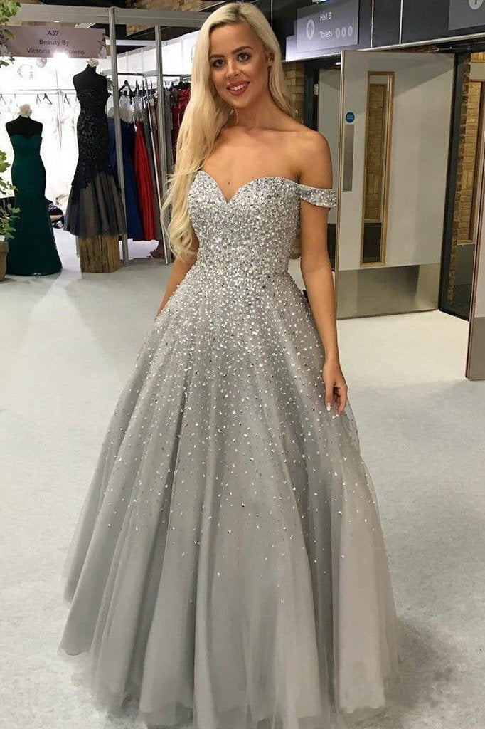 Shiny Ball Gown Off the Shoulder Sweetheart Silver Beaded Tulle Prom Dresses WK981
