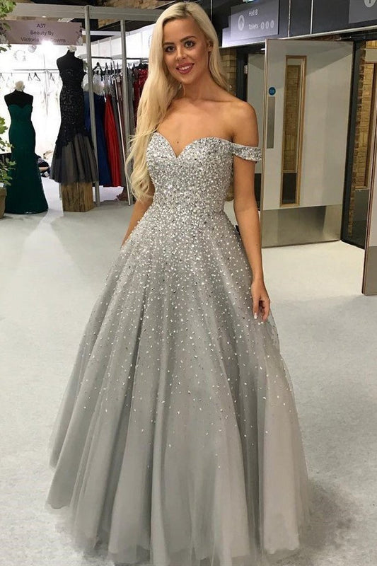 Shiny Ball Gown Off the Shoulder Sweetheart Silver Beaded Tulle Prom Dresses WK981