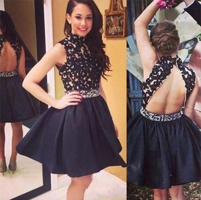 Elegant Short Open Back Lace Black Fitted Halter Cute Mini Homecoming Dresses WK245