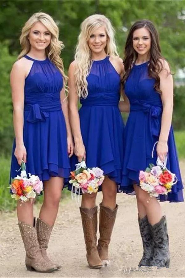 Short A Line Halter Chiffon Blue Bridesmaid Dresses,Cheap Prom Dresses PW805