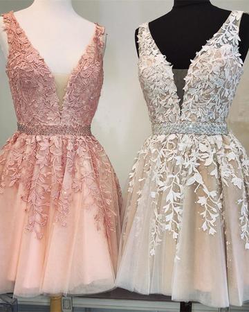 Short V Neck Beaded Ivory Tulle Prom Dresses Homecoming Dresses Lace Embroidery WK754
