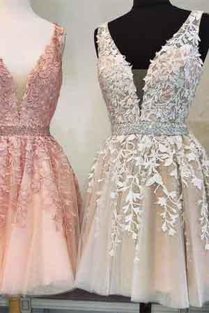 Short V Neck Beaded Ivory Tulle Prom Dresses Homecoming Dresses Lace Embroidery WK754