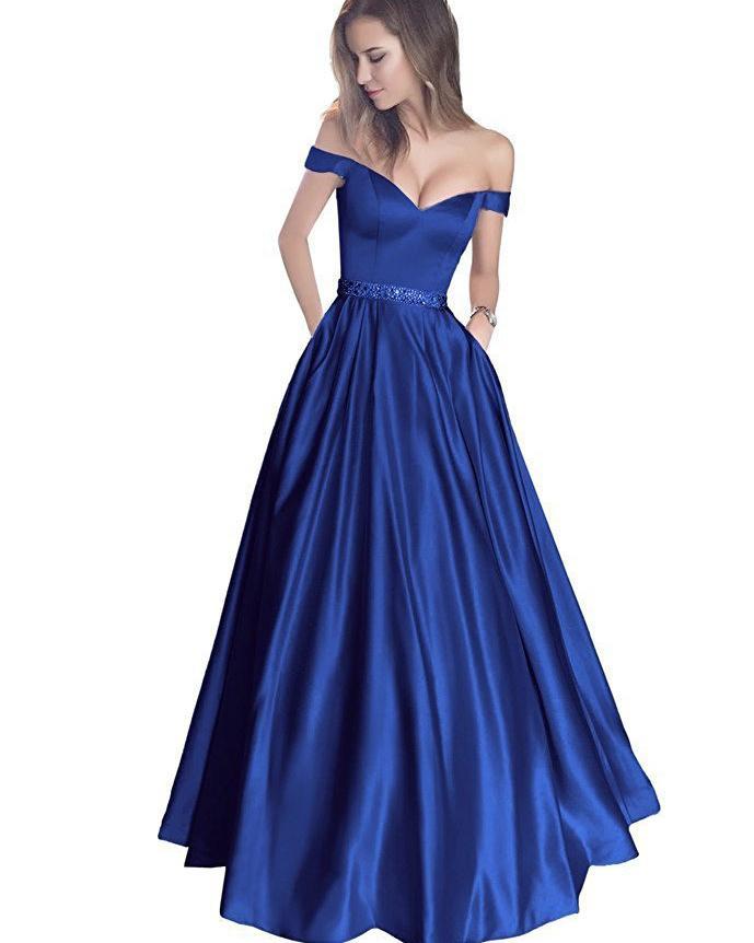 Simple A-Line Off the Shoulder Blue Long Sweetheart Prom Dress with Pockets WK623