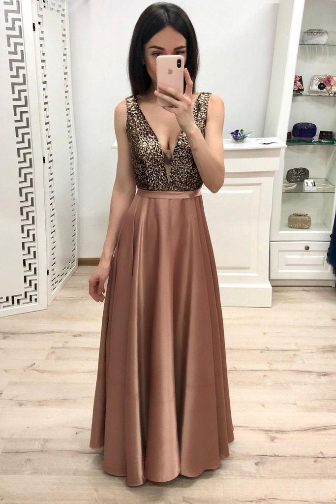 Simple A Line Long V Neck Brown Prom Dresses With Beads Cheap Party Dresses WK900