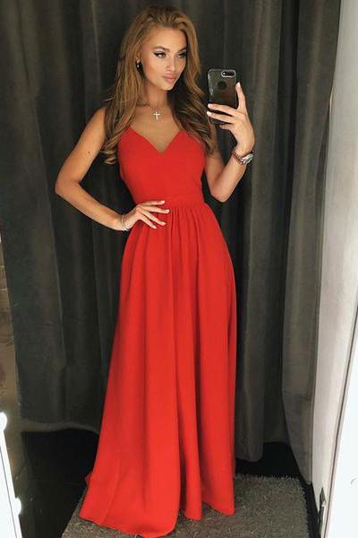 Simple A Line Red Spaghetti Straps V Neck Backless Prom Dresses Long Party Dresses WK705