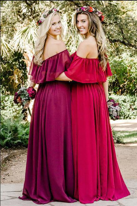 Simple A line Chiffon Red Off the Shoulder Flowy Bridesmaid Dresses Prom Dresses WK806