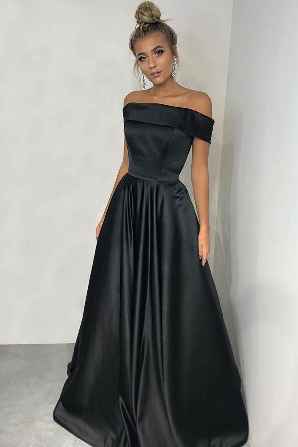 Simple Black A-line Off the Shoulder Satin Prom Dresses Long Party Dresses WK402