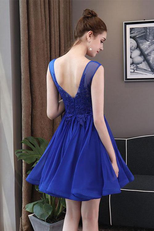 Simple Blue Tulle Backless Homecoming Dresses with Lace Graduation Dresses WK822