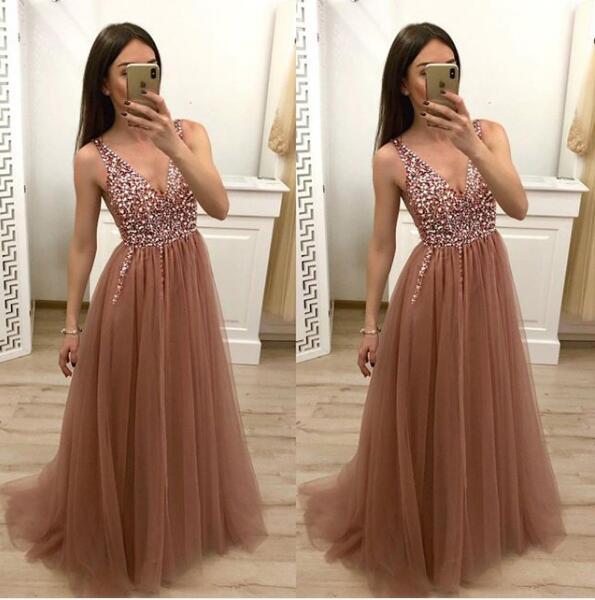 Simple Brown V Neck Beads Prom Dresses Tulle Long Cheap Prom Gowns WK592