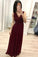 Simple Burgundy Chiffon V Neck Lace Appliques Prom Dresses, Long Cheap Prom Gowns PW896