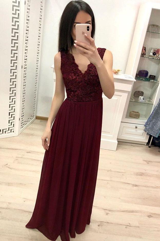 Simple Burgundy Chiffon V Neck Lace Appliques Prom Dresses Long Cheap Prom Gowns WK896