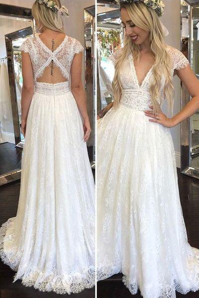 Simple Deep V Neck Lace Appliques Open Back Ivory Wedding Dresses Bridal Gowns WK888