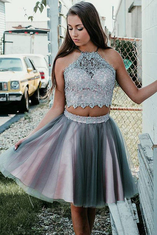 Simple Grey Two Pieces Knee Length Beads Halter Tulle Homecoming Dresses with Appliques H1124