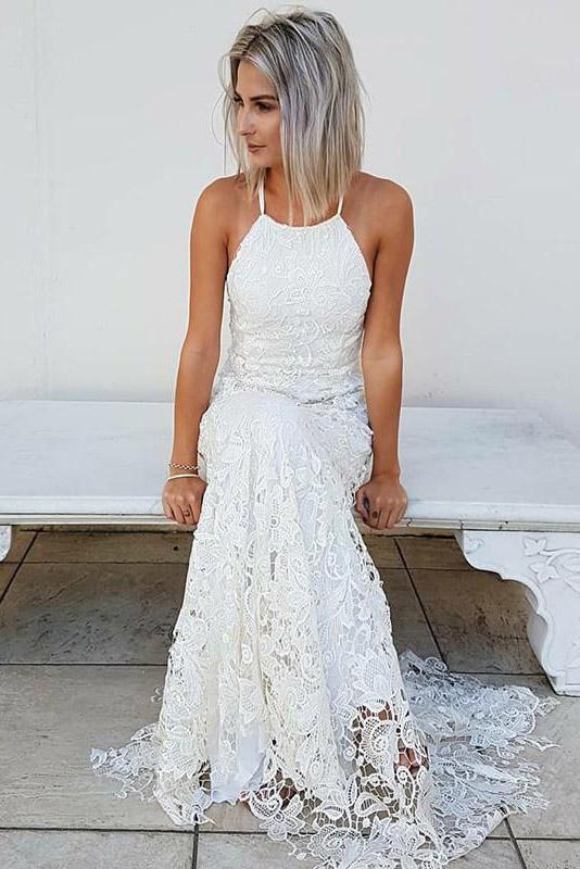 Simple Halter Mermaid Lace Appliques Wedding Dress Backless Beach Bridal Gowns WK937