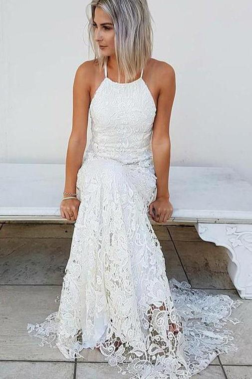 Simple Halter Mermaid Lace Appliques Wedding Dress Backless Beach Bridal Gowns WK937