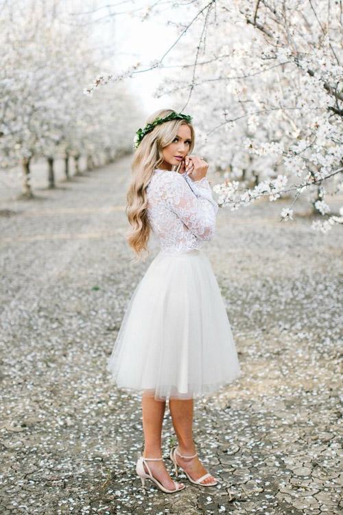 Simple Long Sleeve Lace Two Piece Short Prom Dresses Ivory Homecoming Dresses WK863