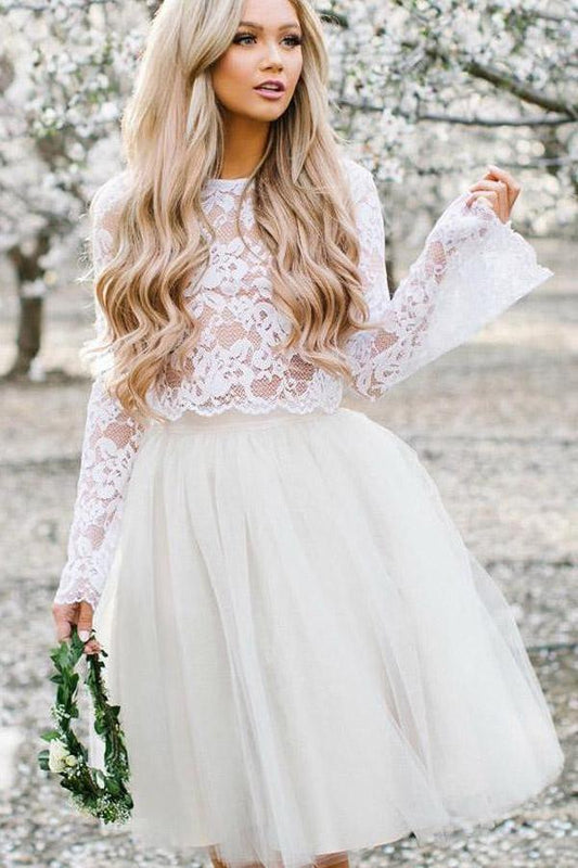 Simple Long Sleeve Lace Two Piece Short Prom Dresses Ivory Homecoming Dresses WK863
