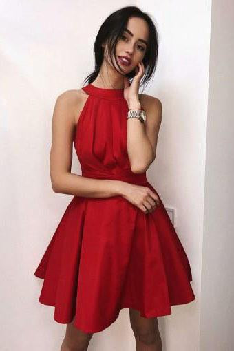 Simple Red Halter Satin Homecoming Dresses Above Knee Sleeveless Cocktail Dresses H1069